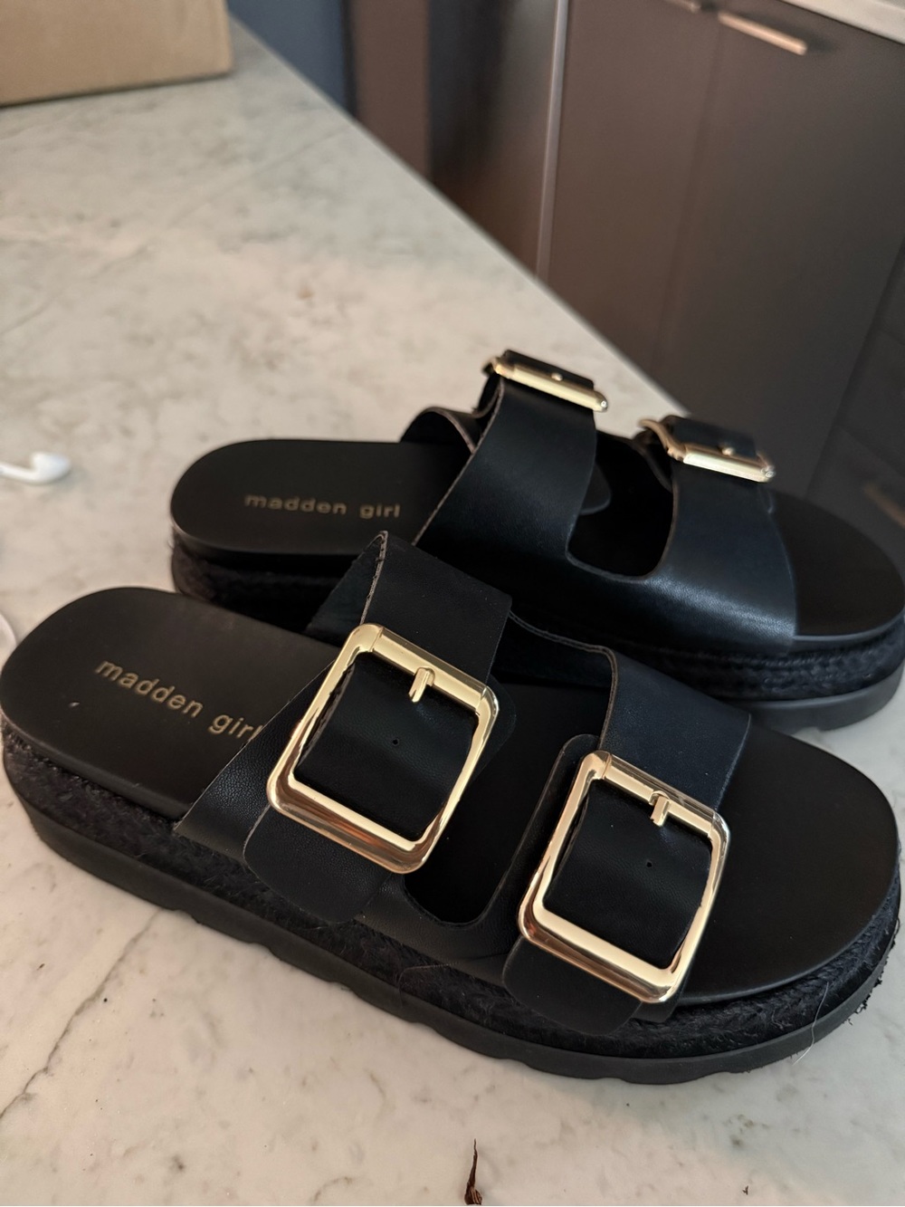Madden Girl Black Platform Slide Sandals with Gold Buckles
